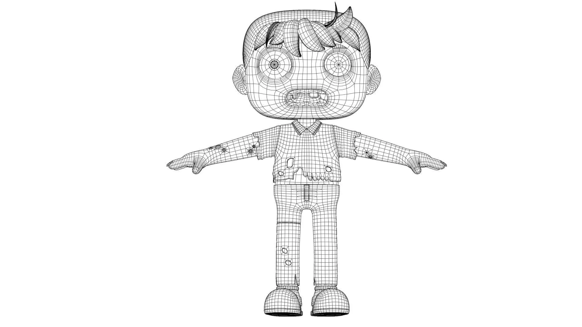 Cartoon Male Zombie clean low-poly quad topology wireframe mesh